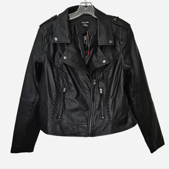 Black faux leather biker Jacket with braided details & zipper pockets womens XS - Picture 1 of 8